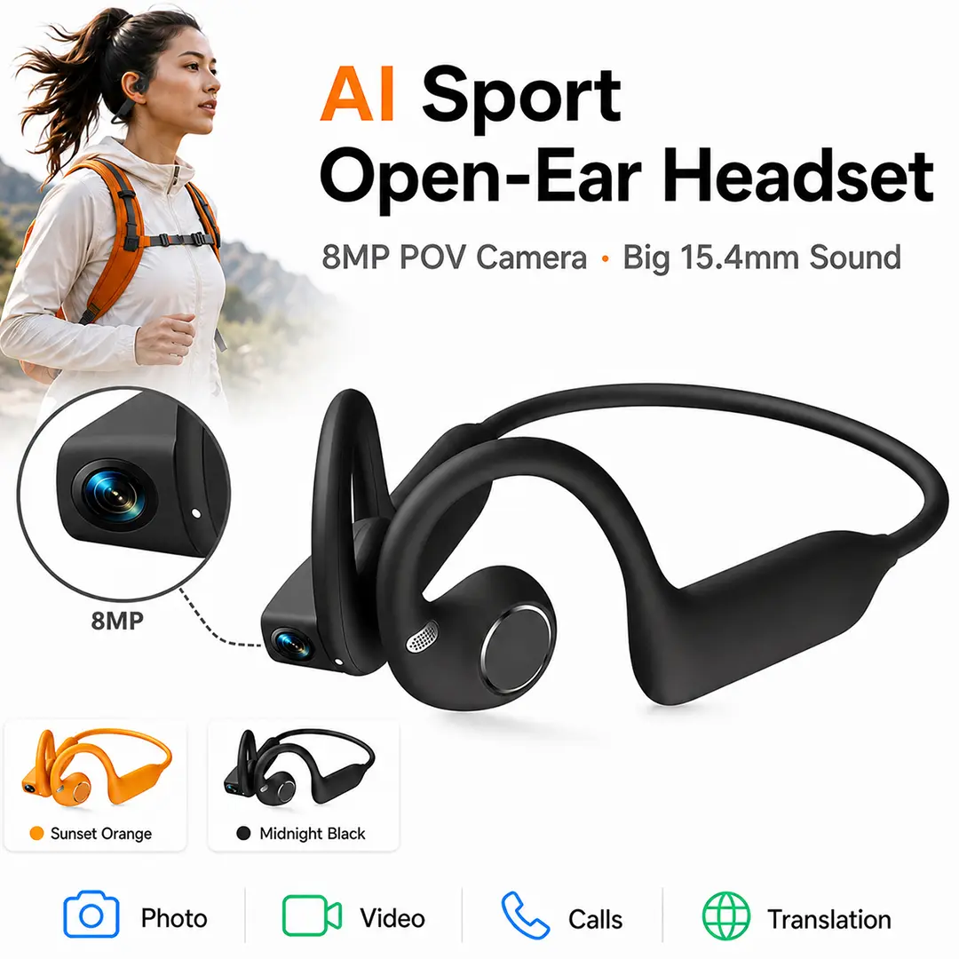 AI Camera Earbuds - Open Ear Headphones with Air Conduction Audio, Hands-Free Photo Video Recording, Hands-Free Call, 160+ Language Translator, Bluetooth Connection, Lithium Battery, Charging Station, Compatible with iOS & Android, On Ear