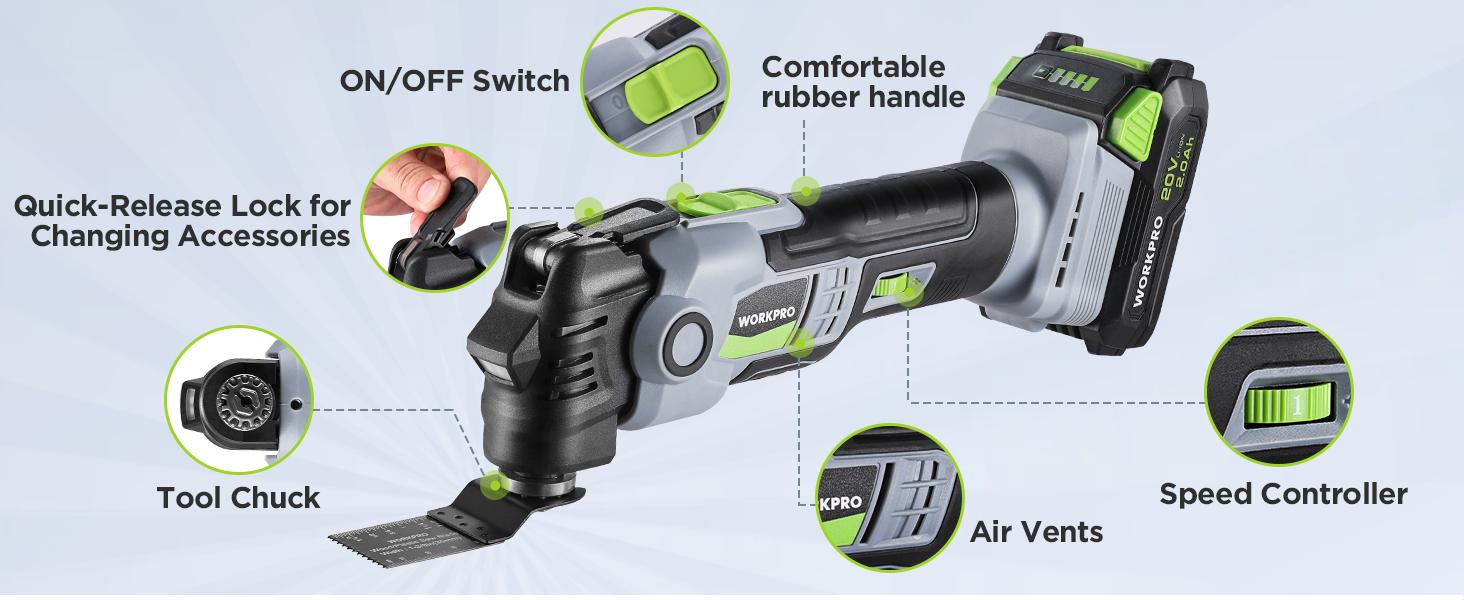 #fathersdaygift WORKPRO 20V Oscillating Tool Kit, Cordless and Brushless 19,000 RPM Orbiting Multi Tool with 6 Variable Speeds, 3.6°Oscillation Angle, 21pcs Saw Accessories, 1 Rechargeable Battery and Carrying Bag