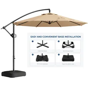 【Dealsforyou】】10ft Solar LED Patio Umbrella with Base & Light, UPF50+ UV Protection,  Outdoor Offset Cantilever Patio Umbrella LED Lighted Hanging Patio Outdoor Market Umbrella with Easy Tilt and Crank for Pool Deck & Garden