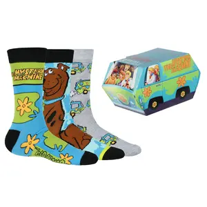 Scooby-Doo! Socks Men's 3 Pair Crew Socks with Mystery Machine Gift Box (Fits Shoe Size 6-12) Casual Polyester