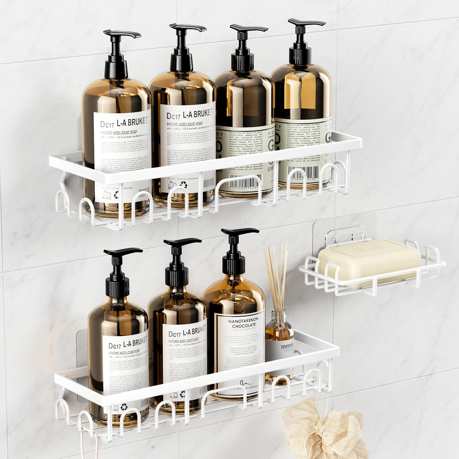 PKBD 3-Pack Rustproof Stainless Steel Shower Caddy Set, Adhesive Bathroom Organizer with Soap Holder, No-Drill Bathroom Accessory for Shelves, Bathtub, Kitchen Storage (White), Smooth, Wipe, Wall