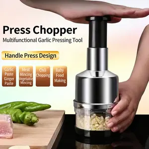 Manual Push Down Food Chopper Stainless Steel Onion Chopper Garlic Mincer with Spring Action Design Multifunctional Handheld Vegetable Cutter for Chili Ginger Carrot Baby Food BPA Free Easy to Clean Kitchen Gadget