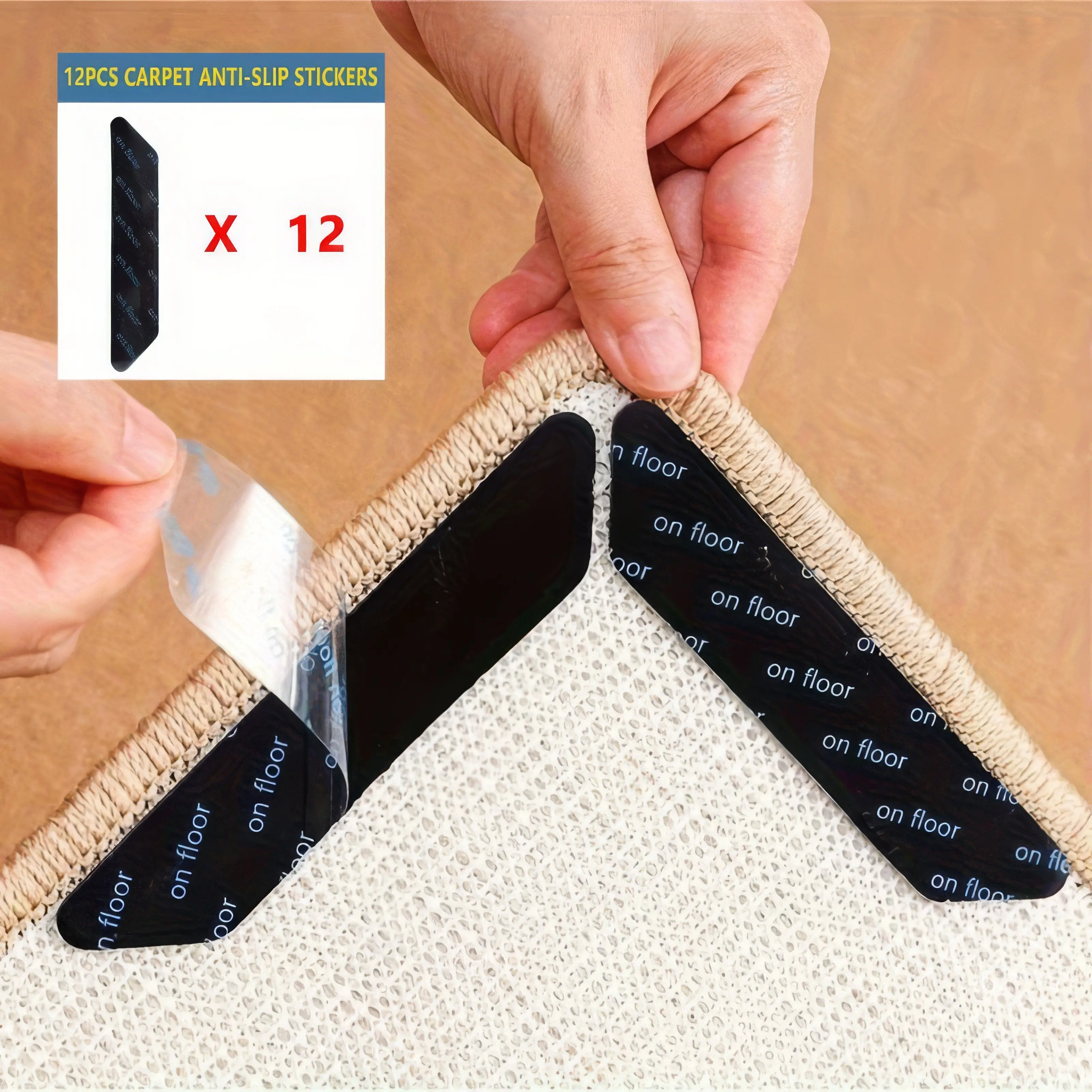 Double Sided Carpet Tape Stickers for Rug Gripping, 12Pcs Heavy Duty Non-Slip Rug Patches, Reusable Adhesive Squares for Area Rugs on Hardwood Floor, Tile, Carpet to Carpet Fixing, Under Rug Mat Holders for Corner and Edge, Household Floor Protectors