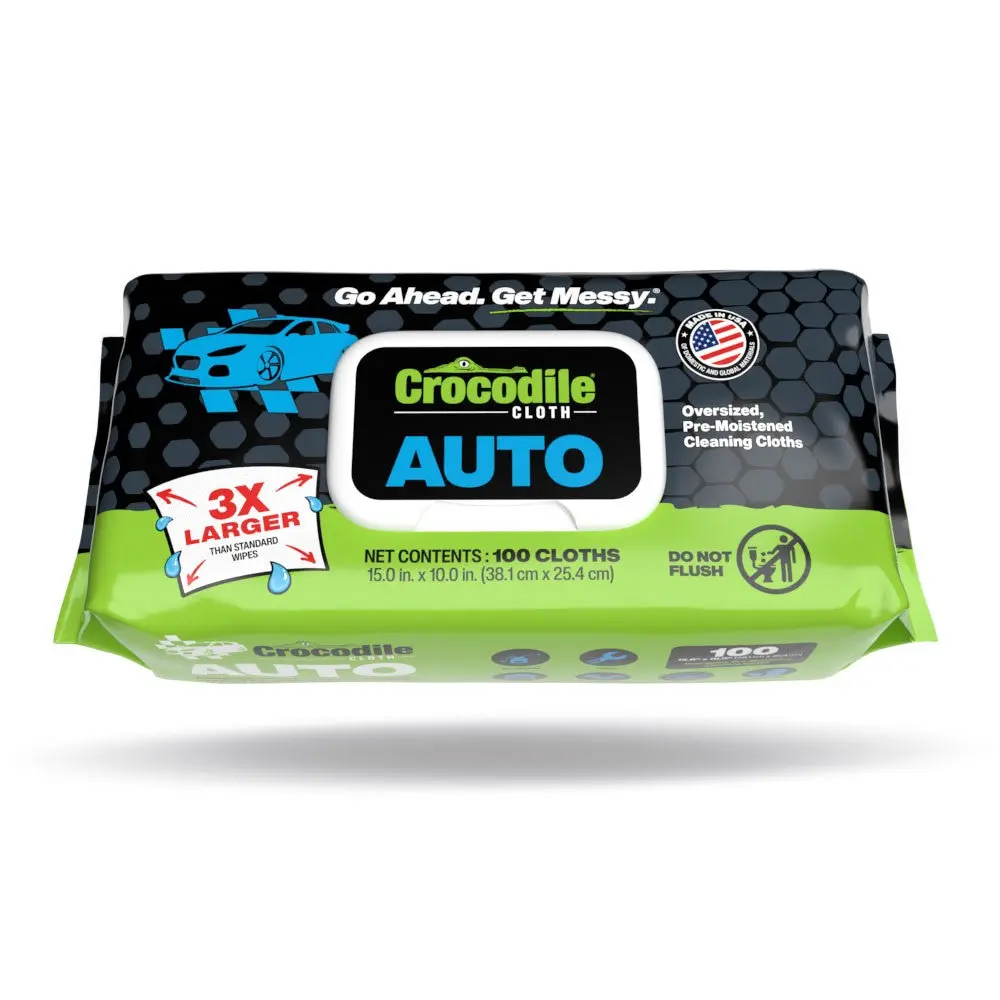 Crocodile Cloth Auto Cleaning Wipes (100 Count) - Heavy Duty Grease, Oil & Grime Remover For Car Detailing & Mechanics