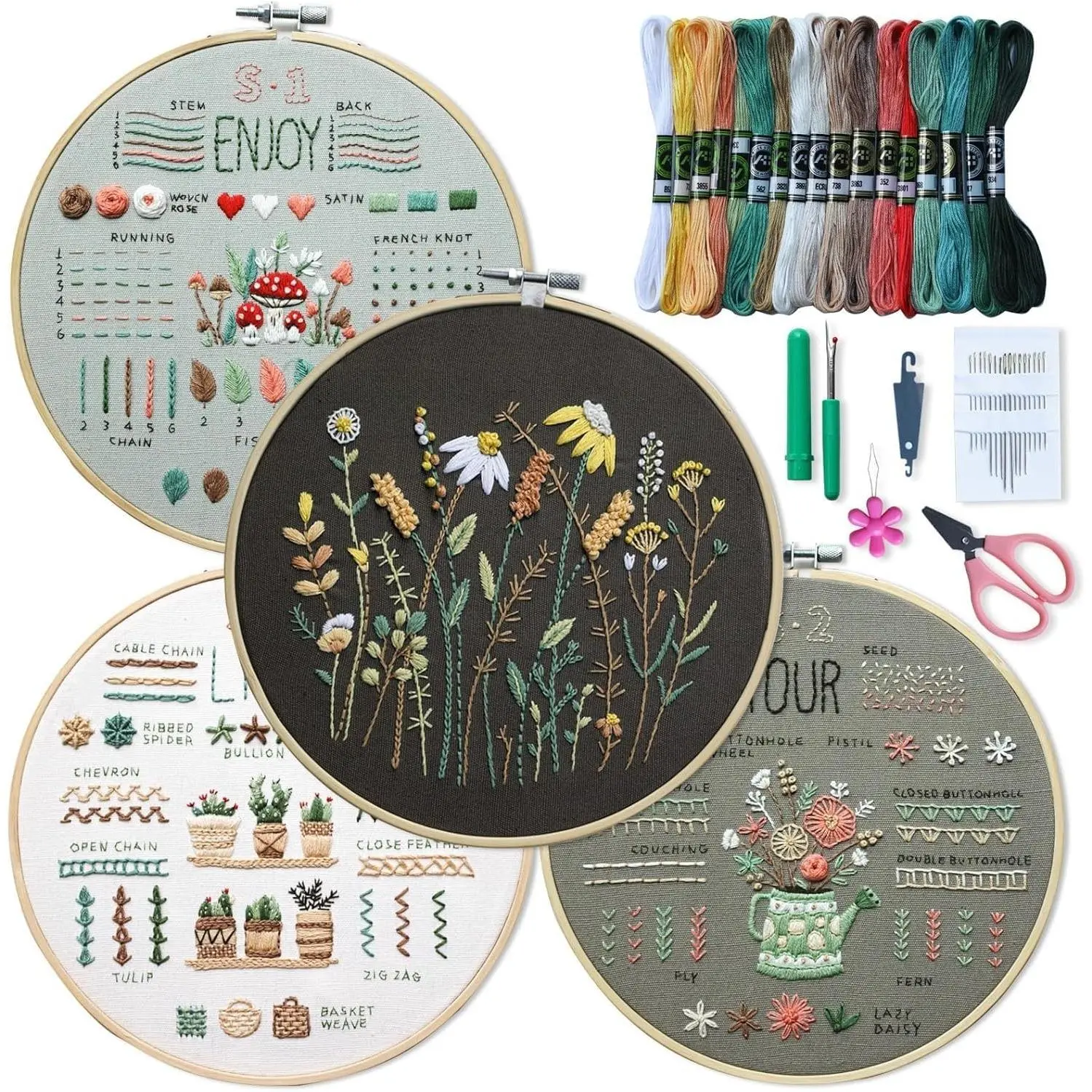Beginner-Friendly 4-Pack Cross Stitch Embroidery Kit, 3 Pre-Printed 33-Stitch Practice Samplers, 7.8-Inch Hoop, 10 Colorfast Floss, Needles, Step-by-Step Guide Video, DIY Needlework Craft Gift for Women (Home & Festive Party Supplies)