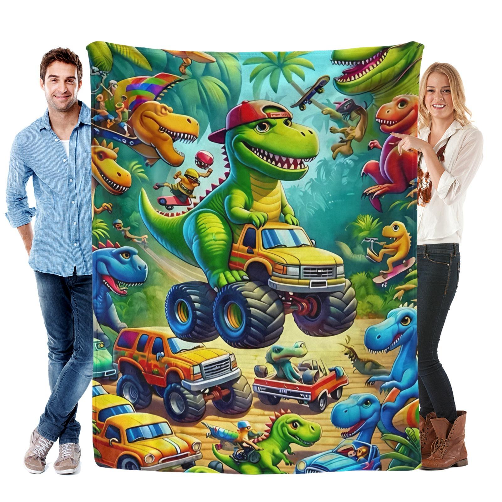 Soft and Fun Cartoon Dinosaur Pattern Blanket, Comfortable Dinosaur Truck Plush Blanket, Perfect for A Cozy Nap or Afternoon Nap in The Bedroom.