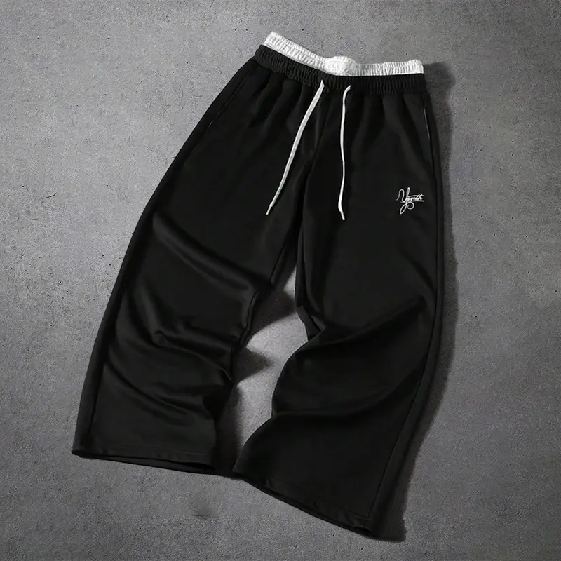 Male Polyester Double Waistband Sweatpants - Fashionable Personalized Athleisure Design, 4-Season Loose Hip-Hop Wide-Leg Sports Casual Machine Washable Fake 2-Piece Pants