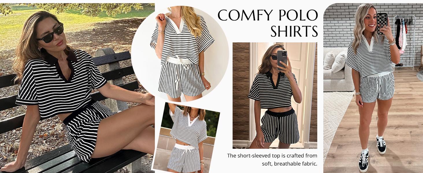 Cicy Bell Womens Striped 2 Piece Short Sets Summer Short Sleeve Collared V Neck Cropped Tops Vacation Casual Lounge Outfits Cicy Bell Womens Striped 2 Piece Short Sets Summer Short Sleeve Collared V Neck Cropped Tops Vacation Casual Lounge Outfits
