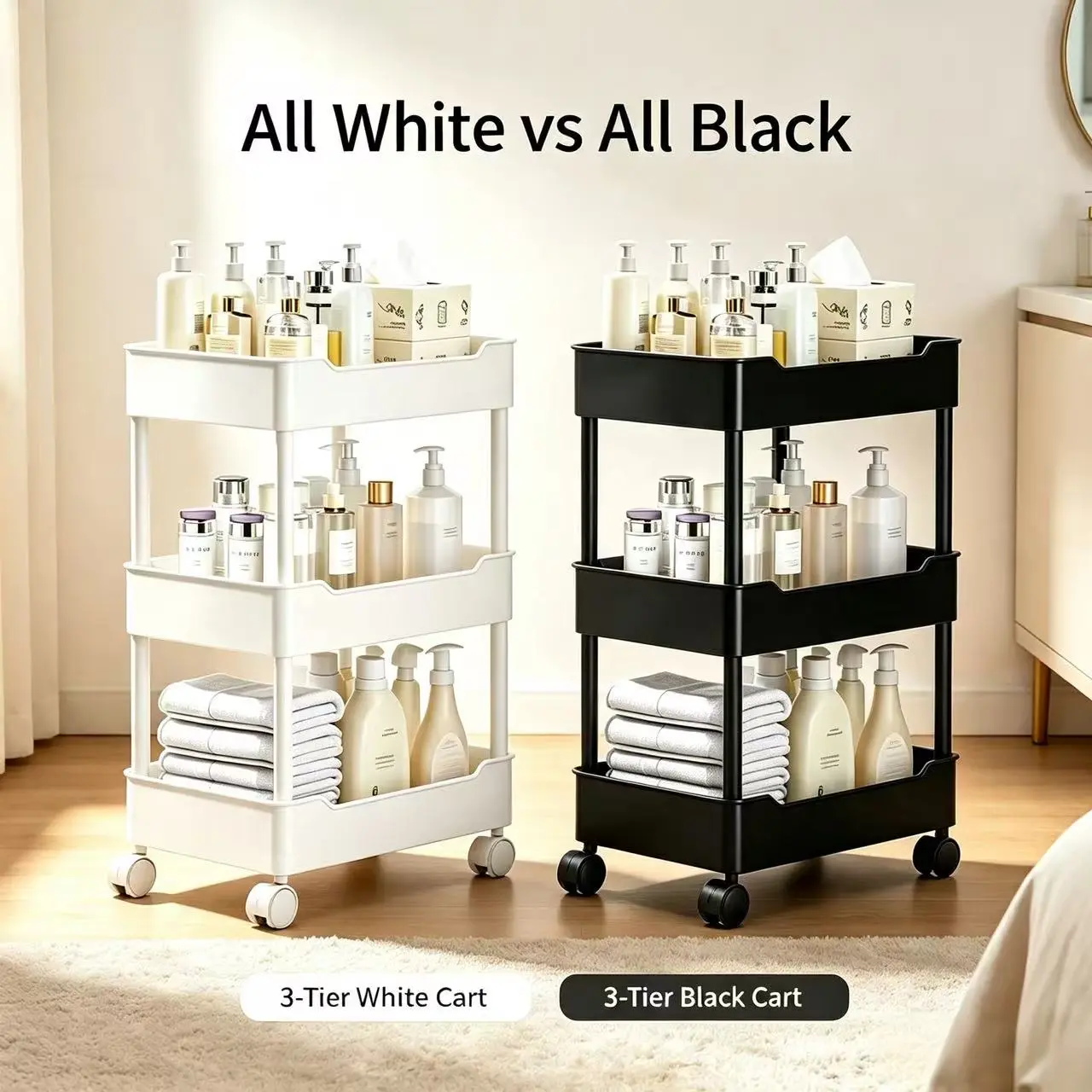 3/4-Tier Slim Smooth Plastic Rolling Storage Cart, Narrow Gap Mobile Utility Rack with Wheels for Kitchen, Bathroom Vanity, Fridge Side Space-Saving Organizer (White, Black)