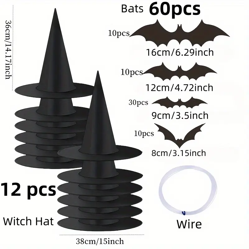 12 Pieces Halloween Witch Hats Plus 60 Bat Wall Decor, Black Hanging Witch Hat, Witch Costume Accessories Witch Hat with Rope Wizard Hat Indoor and Outdoor Halloween Decorations for Home Yard Porch Ceiling Set Lightweight Star Magical