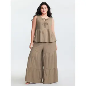 BLOOMCHIC Women's 2-Piece Cotton Lounge Set - Supersoft Textured Fabric, Sleeveless Front-Tie Tiered Top, Pocket Bottoms, Low Iron Nightwear, 2026 Summer Vibes, Flattering Fit Women's Clothes