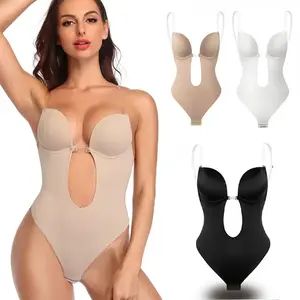 Women's U Plunge Backless Body Shaper Bra Low Back Thong Shapewear Deep V Full Body Bodysuit, Ladies Thong Invisible Bra Body Shaper Backless Body Suits Plus Size S-2XL Black Beige Brown White
