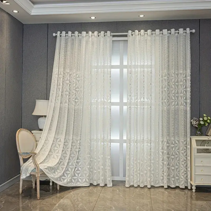 White 2-Panel Grommet Home Decorative Curtains - Vintage Polyester Geometric Soft Embossed Jacquard, Lightweight, Transparent, Breathable, Embroidered Detail, Machine Washable, Living Room Window Drapes