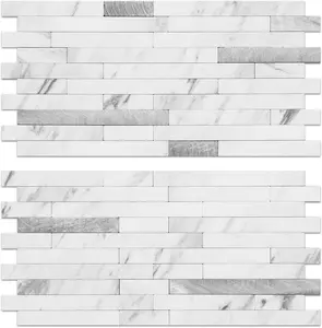 Faux Stone Peel and Stick Backsplash, PVC Mixed Metal Wall Tiles Stick on Backsplash (2, White Marble Look)