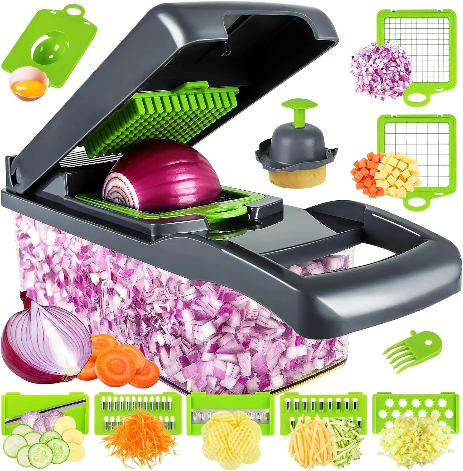 16 IN 1 Multifunction Vegetable Chopper & Food Slicer, Premium Ultra Sharp Stainless Steel Blades, Dice, Slice, Julienne & Grate with Ease, Save Time on Everyday Cooking, Large Food Container, Easy Clean, Kitchen Hack for Meal Prep, Home Cooking Essential