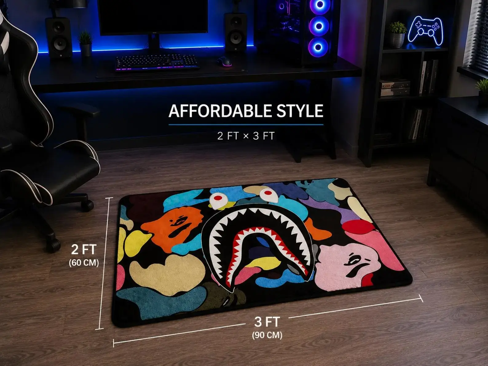 Colorful Shark Area Rug - Ft Hypebeast Streetwear Style, Small Bedroom/Gaming Room Urban Home Decor Cm Floor Mat