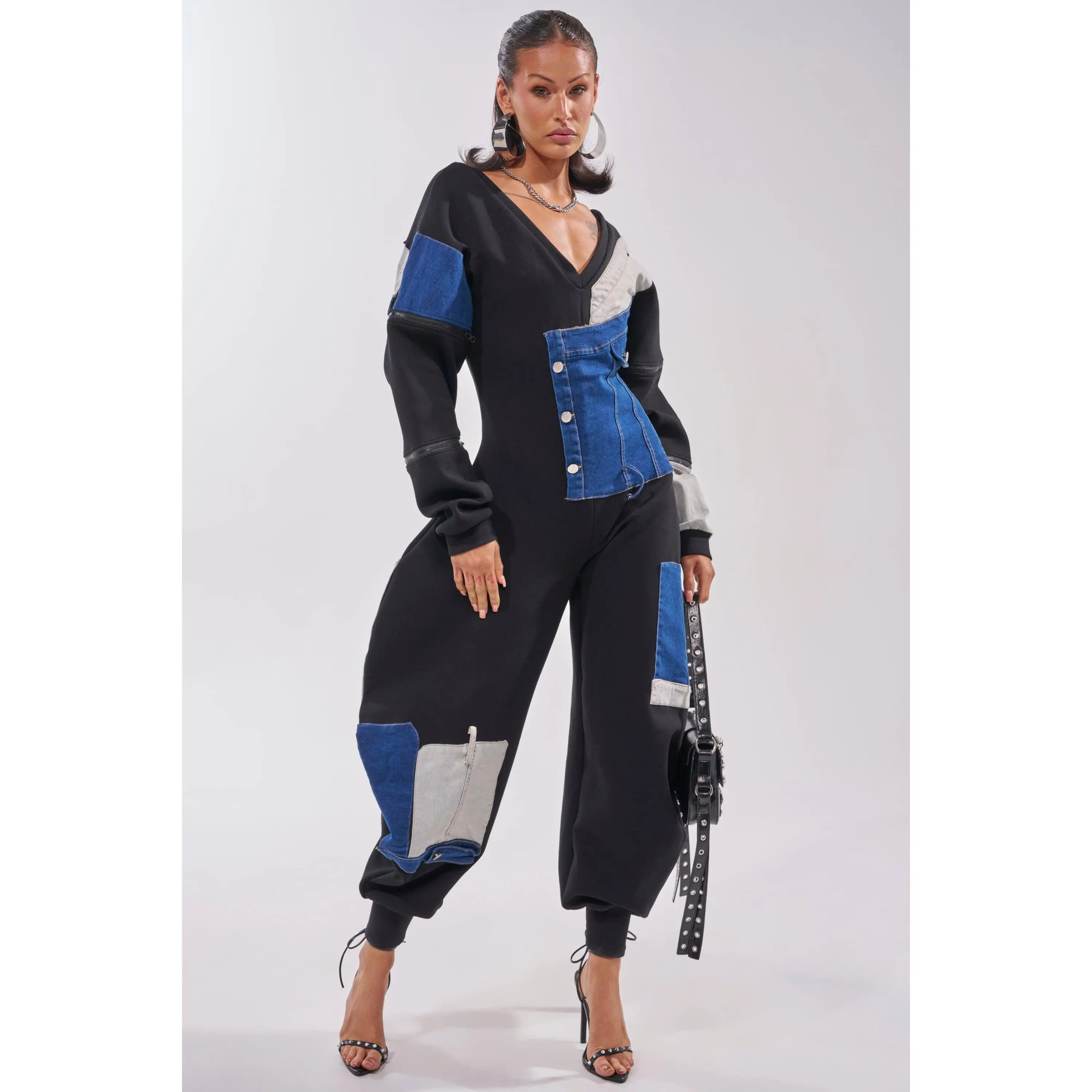COMFY COZY PATCHWORK JUMPSUIT IN BLACK