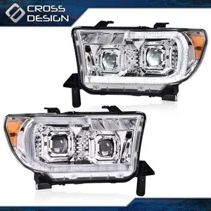 CROSSDESIGN Fit For 2007-13 Toyota Tundra Sequoia LED Halo Projector Headlights Lamps