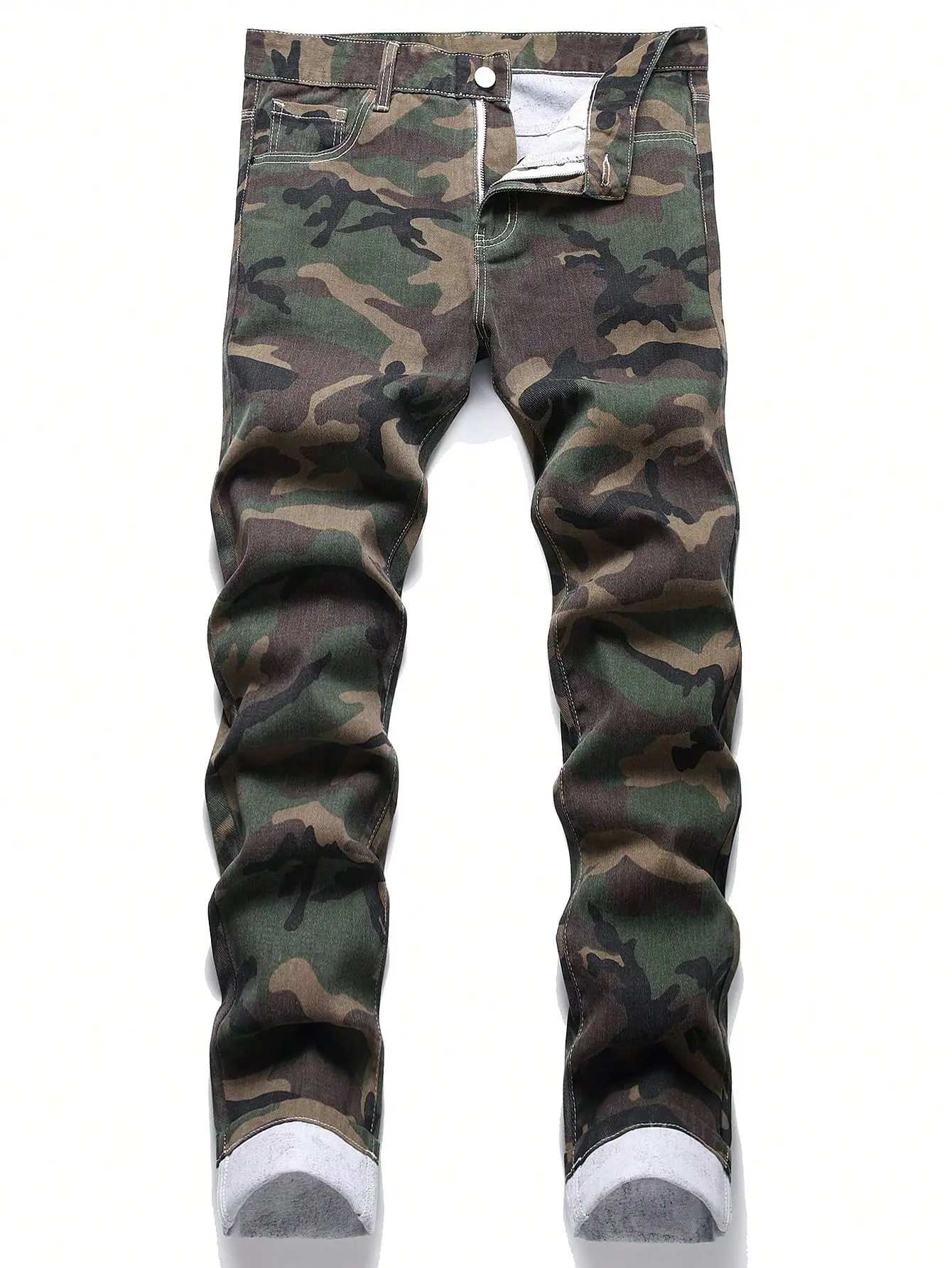 Men's Streetwear Camouflage Straight Leg Jeans - Washed Colorblock Denim, Relaxed Casual Cut, Machine Washable, All Season, Full Length Straight Pants, Menswear, Men's Clothing, Standout Camo Mix, Streetwear Edge, Move With Ease