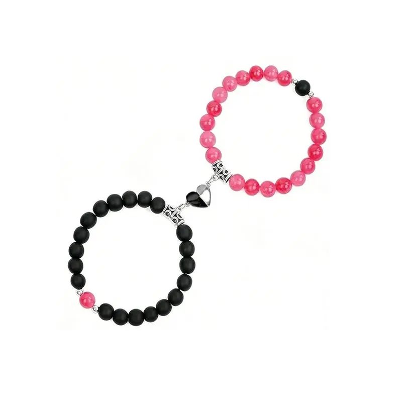 Unisex 8mm Bullet Bead Natural Stone Matching Heart Bracelets Set of 2, Magnetic Heart Shape Jewelry for Anniversary Gift, Valentine’s Day Presents, Crown Motif