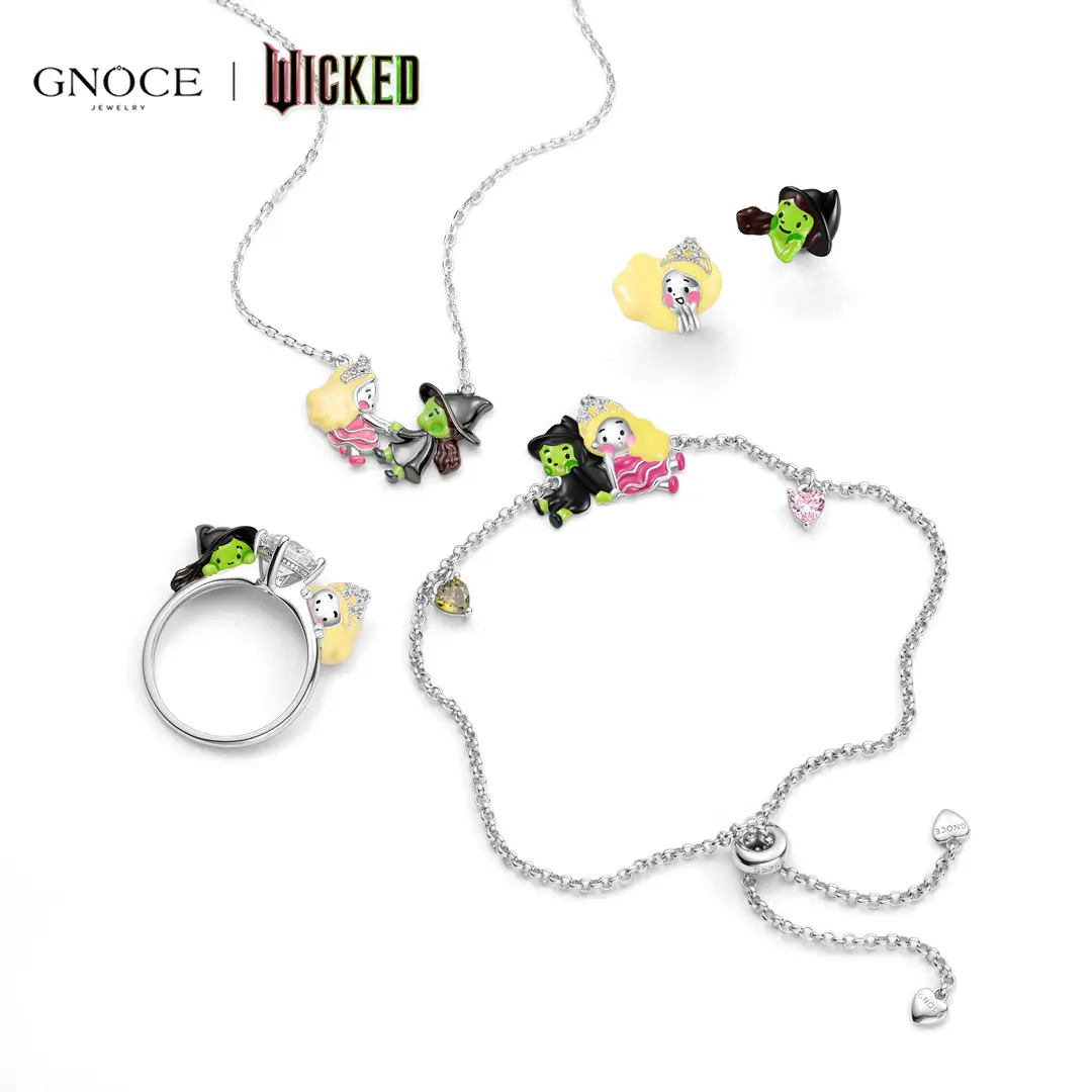GNOCE Wicked Themed S925 Sterling Silver Double Heart Women's Friendship Bracelet with Pink, Green & 1 Diamond White Zircon, Adjustable Slider Bolo Clasp Costume Jewelry for Business Casual Outfits, Daily Wear, Double Heart Friendship Bracelet