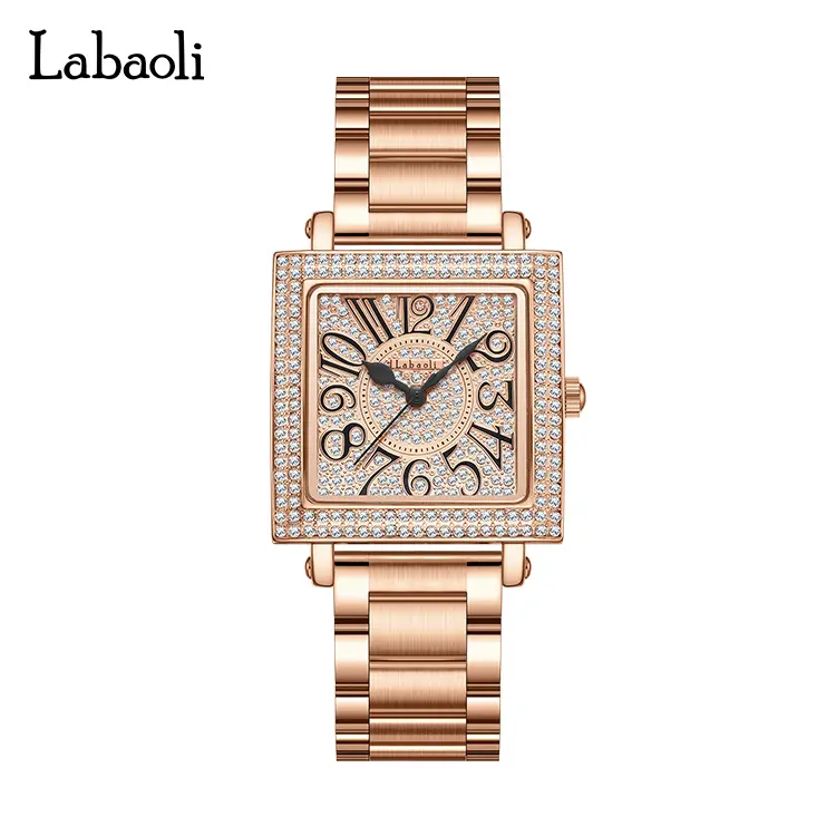 Ladies' elegant watch featuring a sleek square design, robust steel bracelet, 30-metre water resistance, clear hour markers and a versatile style.