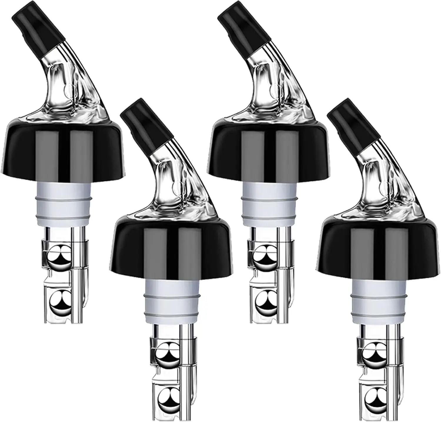 4-Pack Reusable Shaped Liquor Bottle Pourer Spouts with Collar, Dust Cap Protection, 1.25oz/37.5ml Bar Measure - Bartender Essential Bar Utensils Set, Food-Grade Polycarbonate Body, Stainless Steel Bearings, Spill-Proof for Restaurants, Pubs, Events