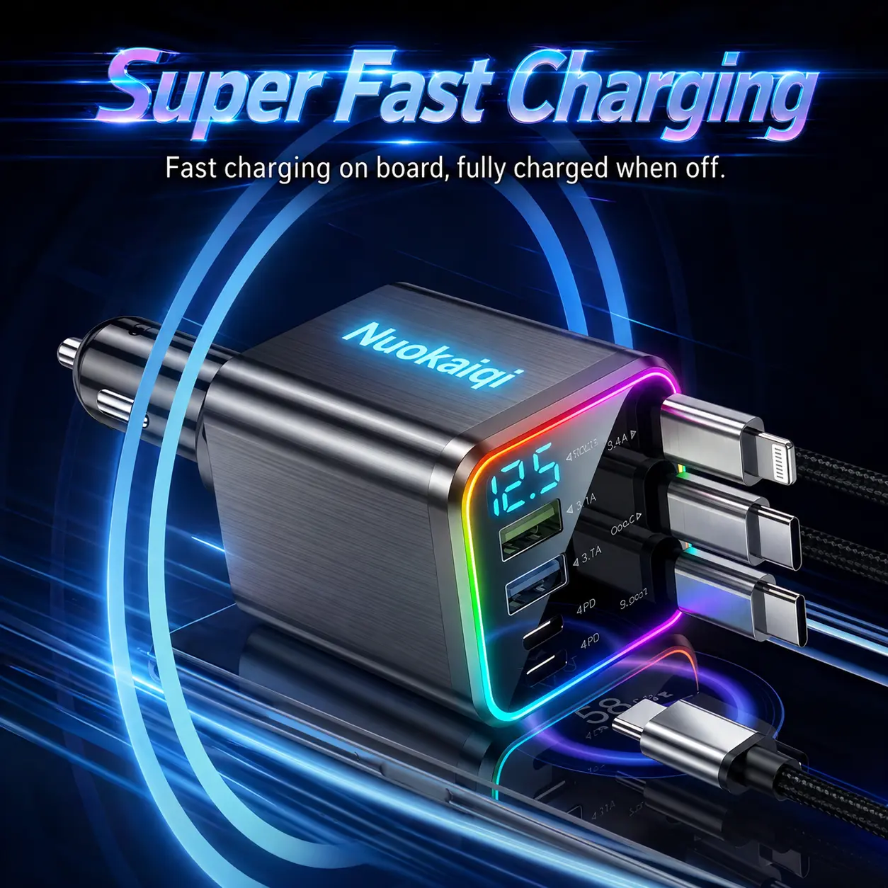 Retractable Automotive High Speed Car Charger - QC3.0&PD2.0, 120W Max, Plastic, 3 Retractable Cables, 4 Ports, 7-in-1, Smart Chip, LED Voltage Display, Universal for iPhone & Android, Road Trip Companion, Multi-Port Mobile Phone Accessory, Retractable Aut