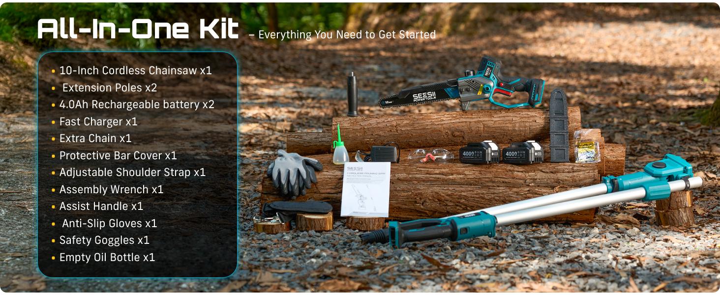 SEESII (10/8/6)-Inch 2-in-1 Cordless Pole Saw & Mini Chainsaw, 900W Brushless Motor & 2 x 2/4.0Ah 21V Batteries, 16Ft Max Reach & 14 Piece Kit for Tree Trimming CHT11