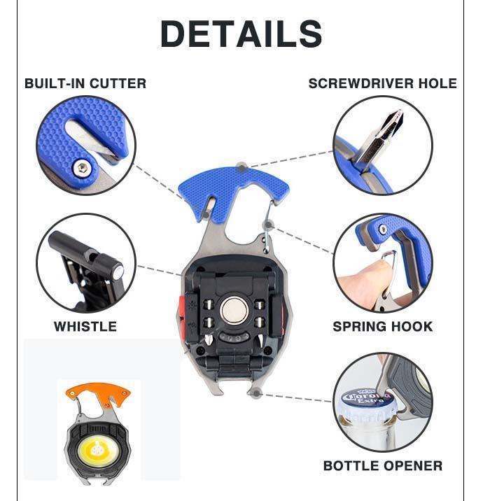 LED Small Flashlight Multitool Keychain, Rechargeable COB LED Work Light Rechargeable, Multi Tool Flashlight with Lighter, Magnet, Bottle Opener & Whistle, Survival Gadgets for Camping, Hiking & Emergency Use