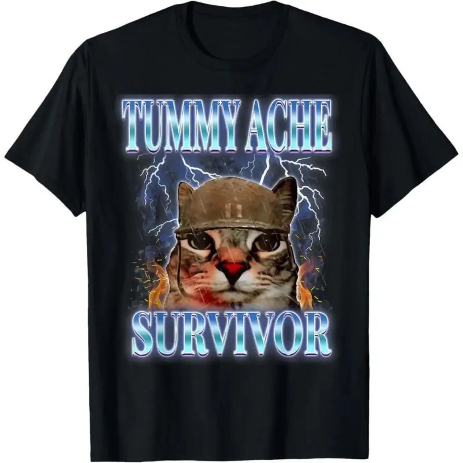 Women's Graphic T-Shirt - Humorous Tummy Ache Survivor Cat Meme Design, Vintage Short Sleeve, Good Graphic Tees, Casual & Vacation Wear, Meme Shirts Funny, Graphic T Shirts, Funny T-Shirts Meme