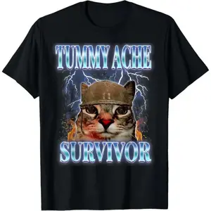 Humorous Tummy Ache Survivor Cat Meme Graphic T shirt for Adults Kids Boys featuring Vintage Style Short Sleeve Tops Perfect for Vacation and Casual Outfits