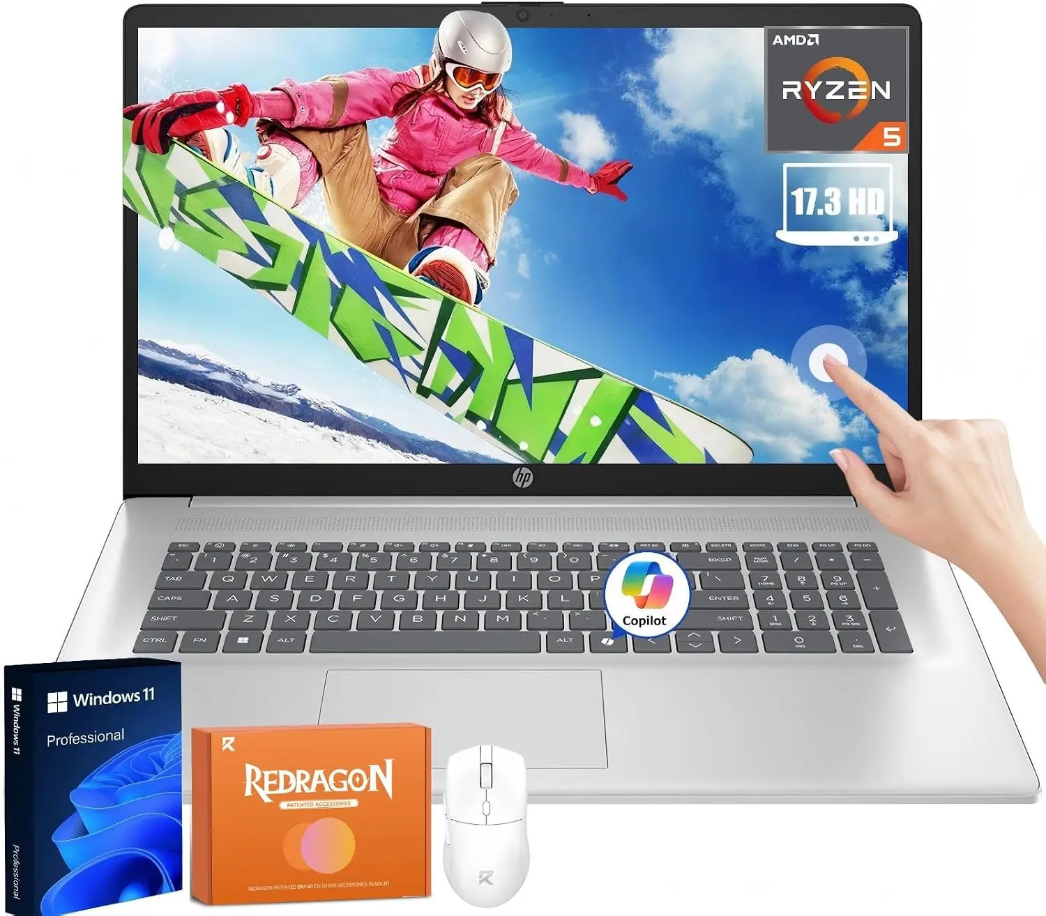 HP 17.3-in Touchscreen 2-in-1 Business Laptop - AMD Ryzen 5 Processor, 16 GB RAM, 1 TB NVMe SSD, HD+ Anti-Glare Display, Wi-Fi 6, Copilot-AI, 128 GB USB Flash Drive, HP Fast Charge, Windows 11 Pro, REDRAGON Mouse, Laptops