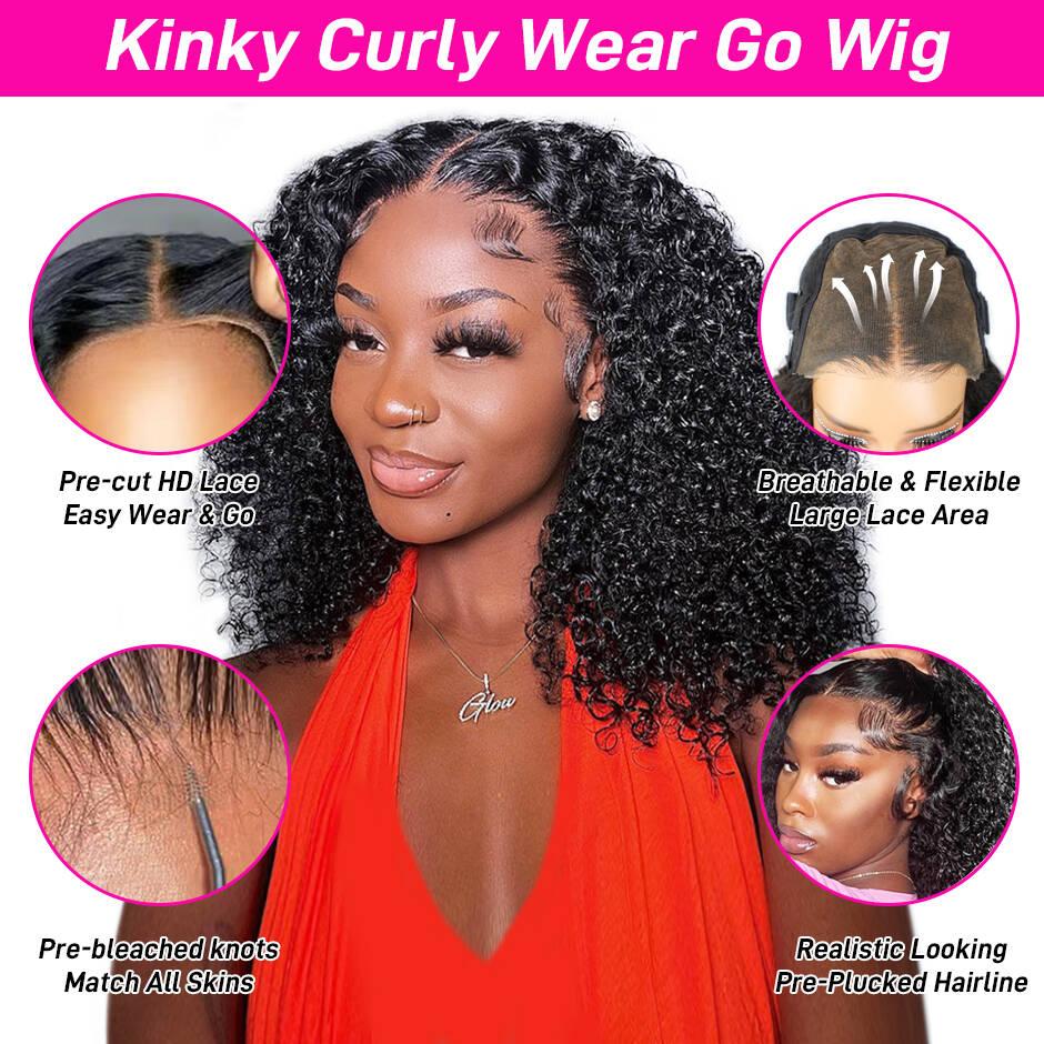 FORGIRL FOREVER Wear And Go Glueless Wig Drawstring Wear Go Half Wig 7x5 Pre Cut Bleached Knots Afro Kinky Curly Wig Lace Front Human Hair Wigs