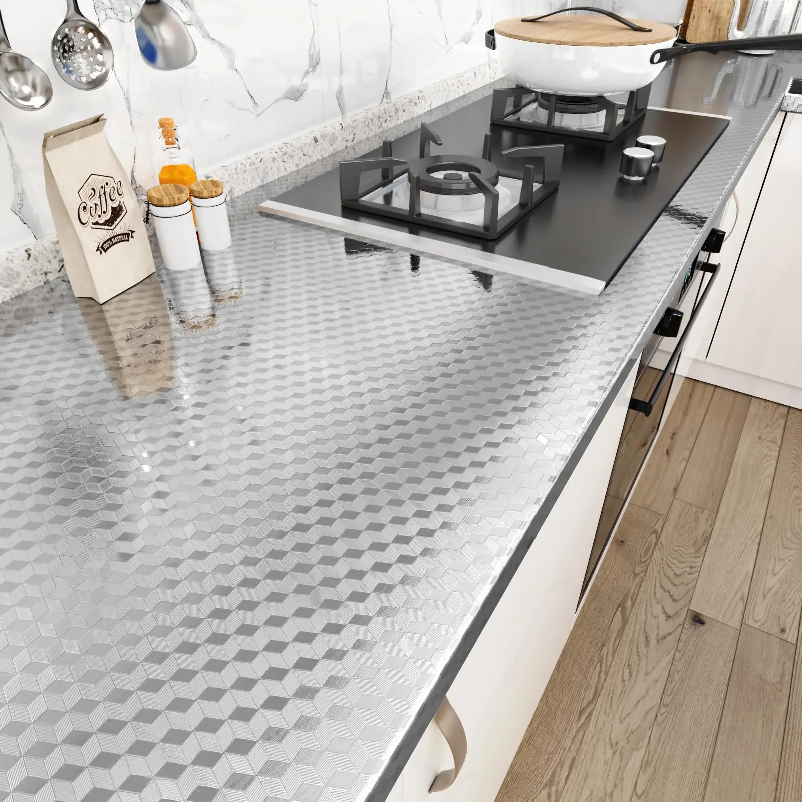 Self-Adhesive Peel & Stick Waterproof Aluminum Vinyl Countertop Paper - Oil-Resistant Heat-Resistant Removable Contact Paper for Kitchen Cabinets & Indoor Surfaces