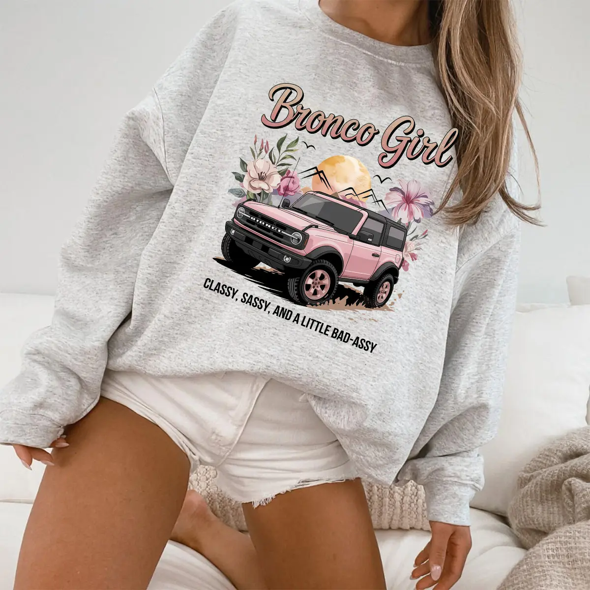 Pink Bronco Girl Sweatshirt, Classy Sassy Bad-Assy Graphic Crewneck, Women's Ford Bronco Pullover with Rubber Duck, Cute Floral Mountain Design