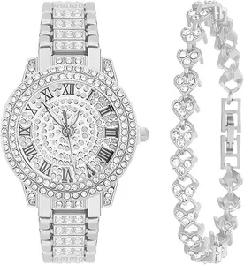 2 Pieces Women  Watch Bracelet Set Luxury Fashion Jewelry Cubic Zirconia Wristwatch Bracelet Gold Watch Jewelry Set for Women