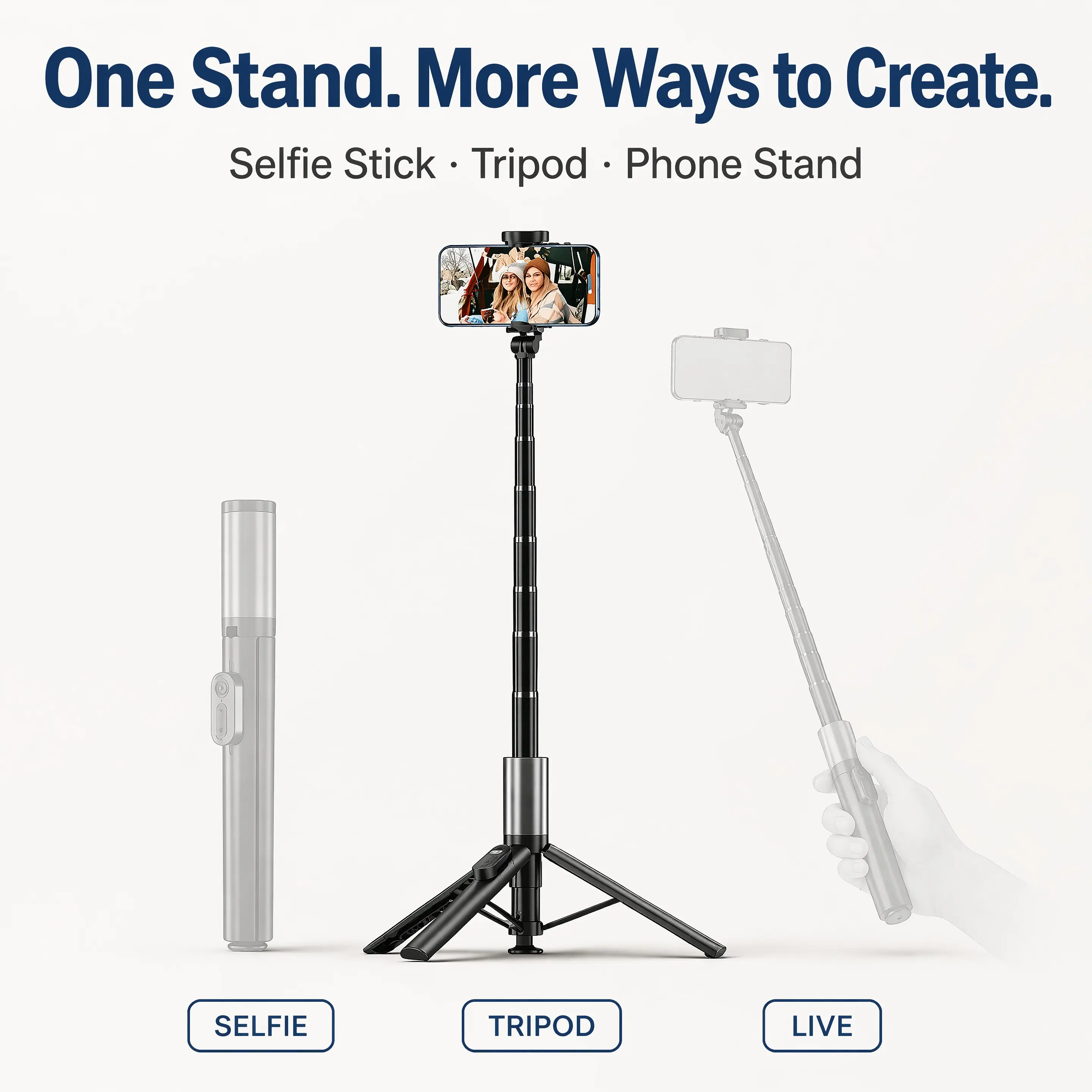 Smartphone Selfie Stick Accessories - Retractable Grip with Bluetooth Wireless Remote, Upgraded Stable Tripod Stand, Phone Holder, Camera Storage, Adjustable