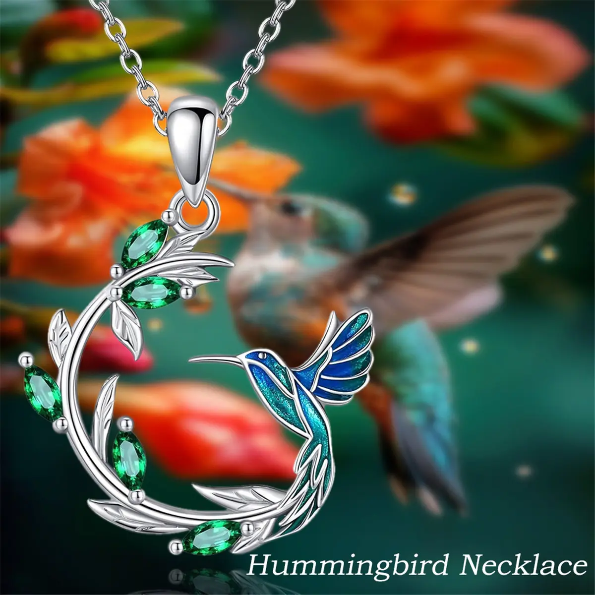 Women's Casual Sparkling Zircon Hummingbird Pendant Necklace - Exquisite Teal Gradient Animal Jewelry, Branch-Design Alloy Necklace with Adjustable Chain, Gift for Mother’s Day Birthdays Anniversaries, Hummingbird Necklace