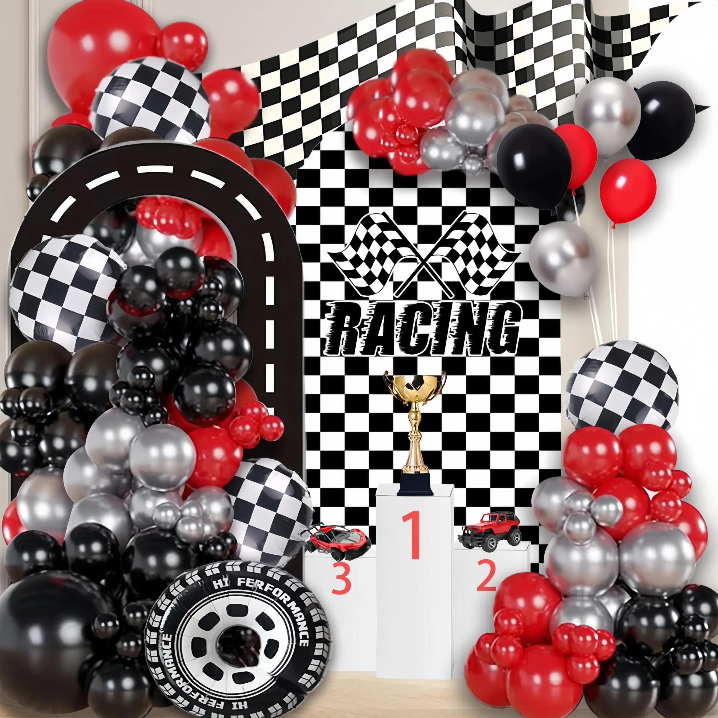124pcs Silver Race Car Theme Balloon Arch Set with Tires, Balloon Arches Decorations, Perfect for Kids Birthday Parties, Graduation Celebrations, and Bachelor Parties