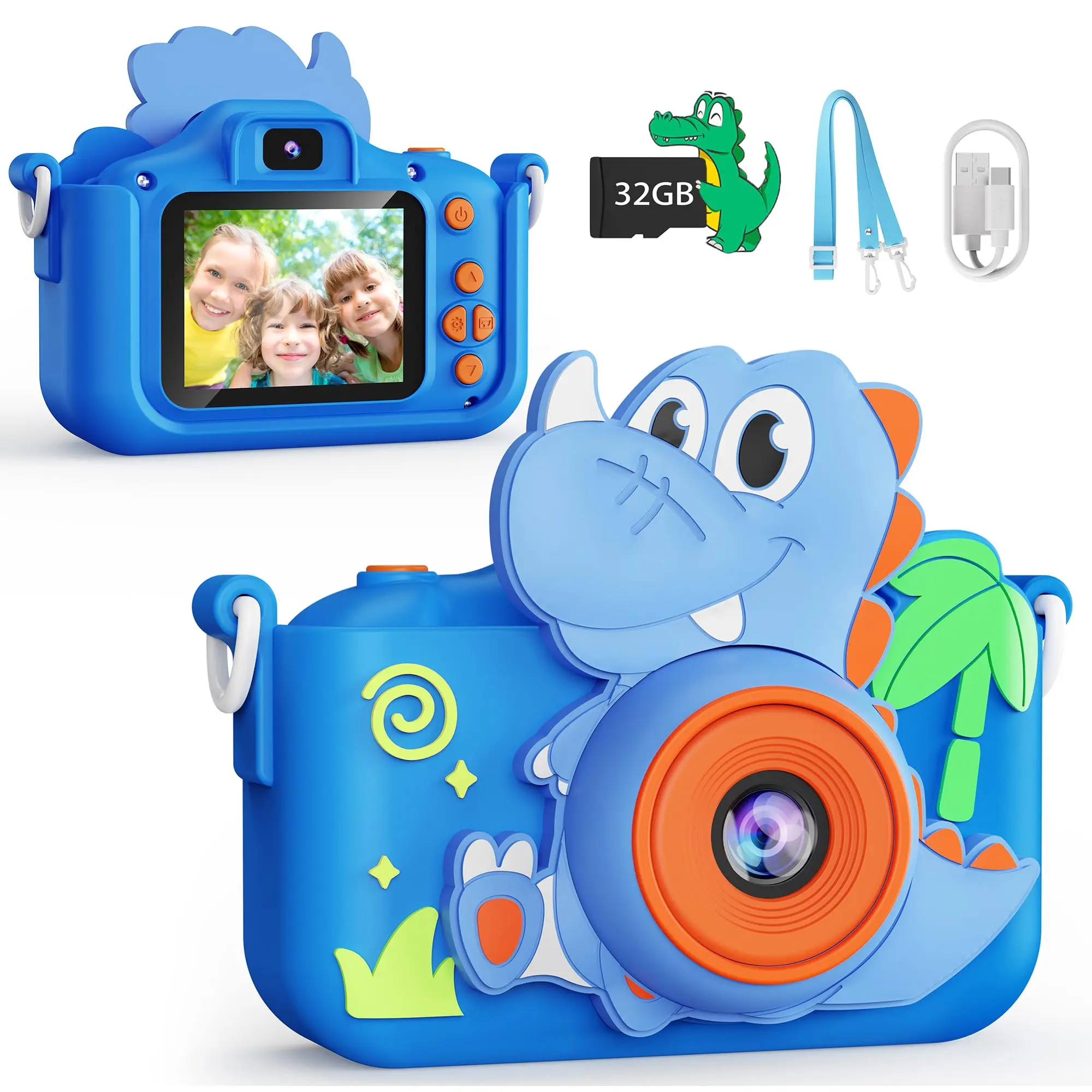 KOKODI Kids' Digital Dinosaur Fun Camera Toy - 1080P Dual Camera, 32GB SD Card Included, Selfie Function, Puzzle Games, MP3 Player, 28 Cartoon Stickers, 6 Filters, Protective Design, Ideal Christmas Birthday Gift #Summervibes