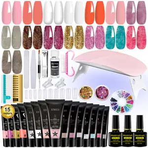 MeetNail Poly Nail Gel Kit Multicolors Clear Nude Glitter Cutics Poly Nails Gel Starter Kit 15 Color with Slip Solution and Mini Uv Lamp Gel Polish for Design Beginner DIY Salon Manicure Home Use