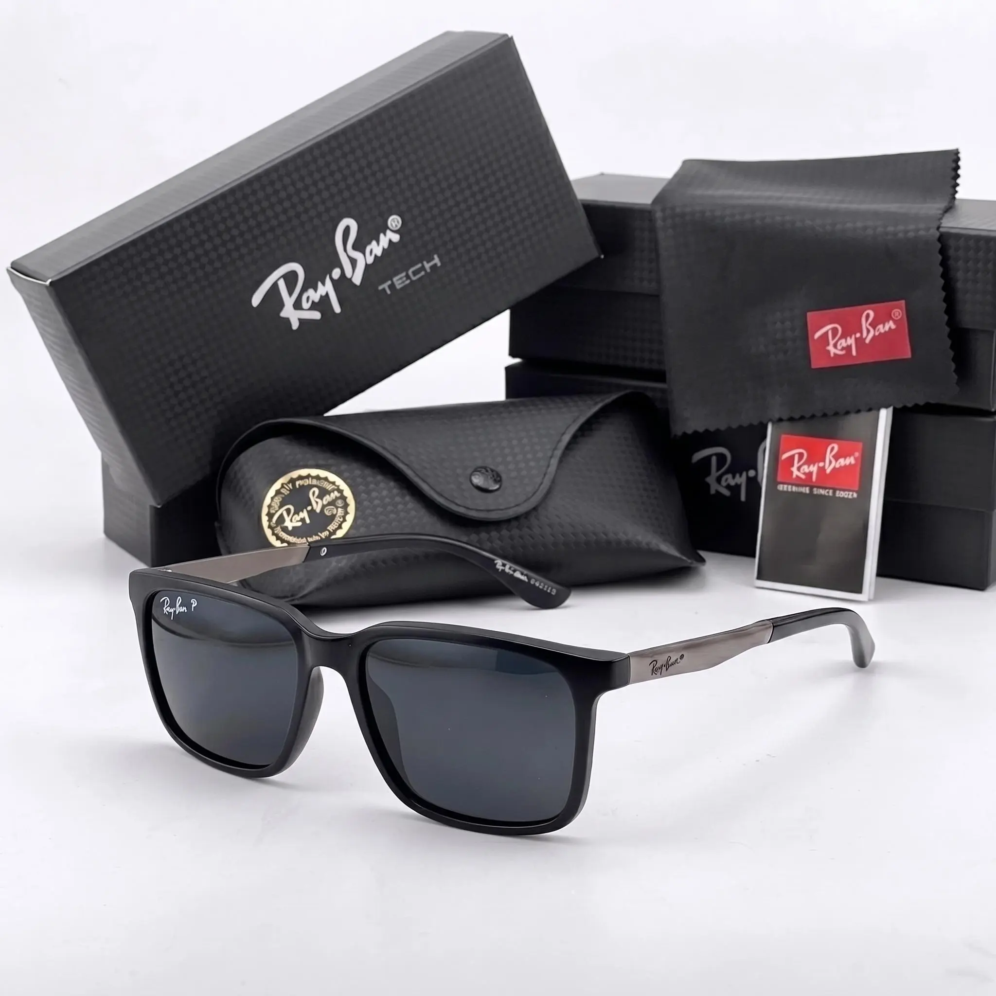 Premium Tech Square Sunglasses for Men & Women, Sleek Black Full-Rim Fashion Eyewear with Dark Lenses, Classic Unisex Driving & Travel Shades, Full Gift Box Set with Case, Cleaning Cloth & Card