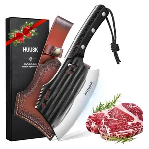 Huusk Butcher Knife for Meat Cutting, Meat Cleaver with Sheath, Hand Forged Chopping Knife with Full Tang Handle, Heavy Duty Bone Cleaver for Cooking Camping, Gifts Idea Men