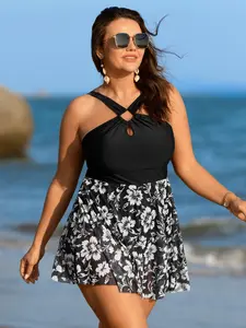 Plus Size Tummy Control Monochrome Tropical Floral Sheer Swim Dress - [M-6X] 2026 Summer Vibes Beachwear, Plus Size Swimsuits, Swimsuits Tummy Control