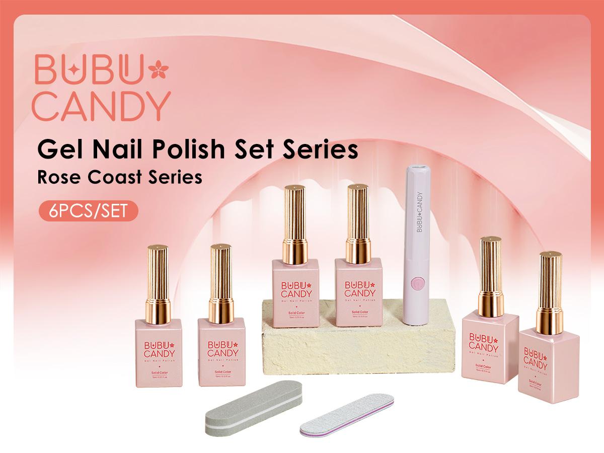 BUBU CANDY Rose Coast 6-Piece 15ml Gel Nail Polish Set with LED Light & Accessories - Almond Milk, Peach Pollen, Cherry Pink, Lotus Root Pink, Coastal Rose, Dark Chocolate - Hema & Tpo Free, Non-Toxic Vegan - Manicure Gift