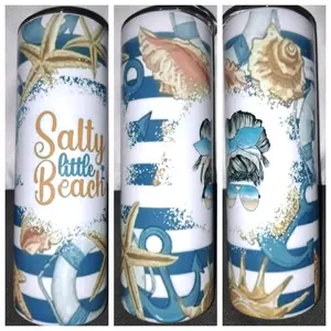 Salty Little Beach Tumbler with Nautical Design Featuring Starfish Shells and Anchor Motif for Beach Lovers