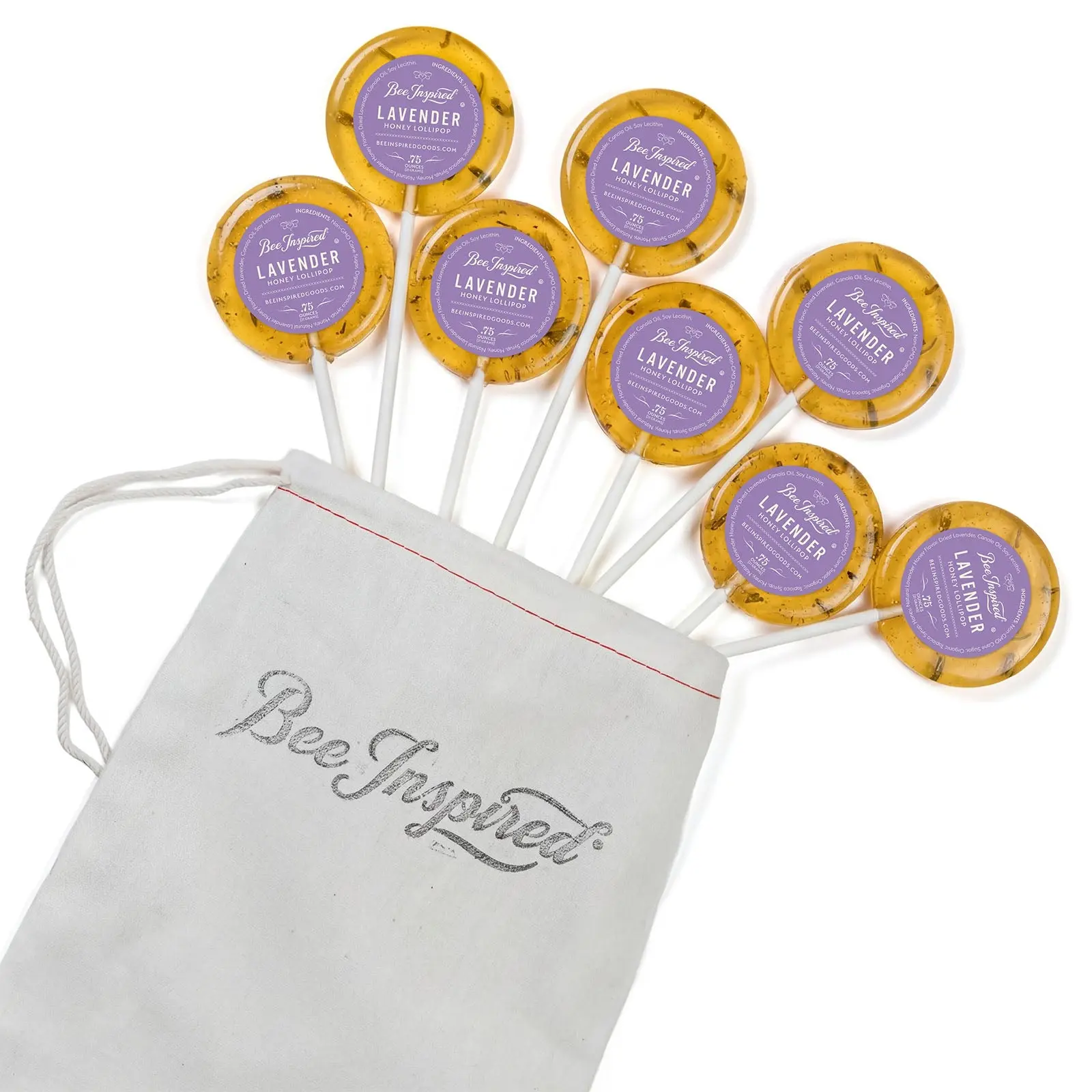 BeeInspired Gourmet Lavender Honey Lollipops Bag of 8 - Sweet Floral Candy with Real Honey Non-GMO Cane Sugar & Dried Lavender Buds for Stress Relief & Tea Enhancement - Snack