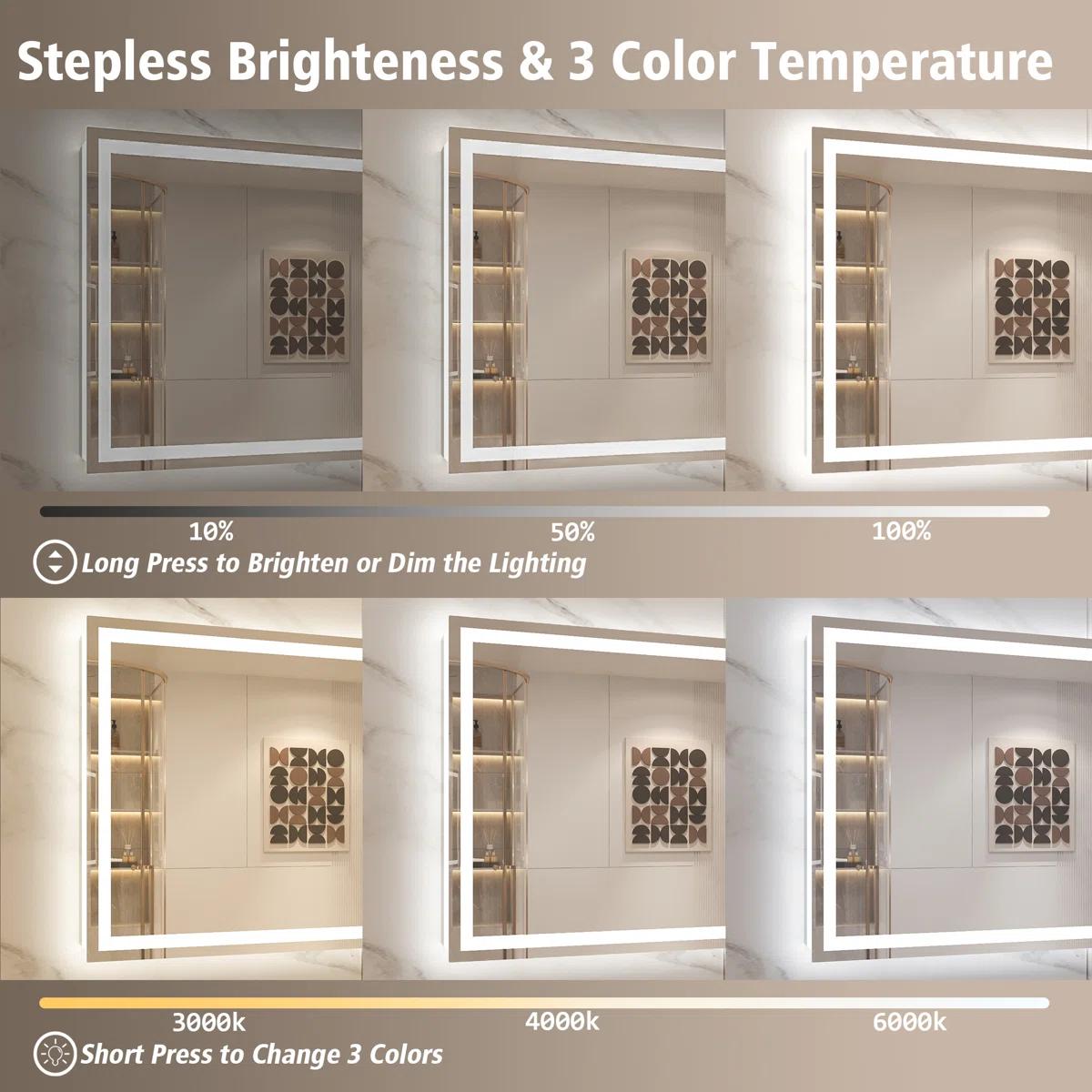 GALENTAL 48x32 LED Bathroom Mirror with Lights, Over Sink Vanity Mirror, Dimmable Touch Control 3-Color, Options Wall Mounted, Defoggin, Memory, Timing, Tempered Glass Modern White Decor Home Interior