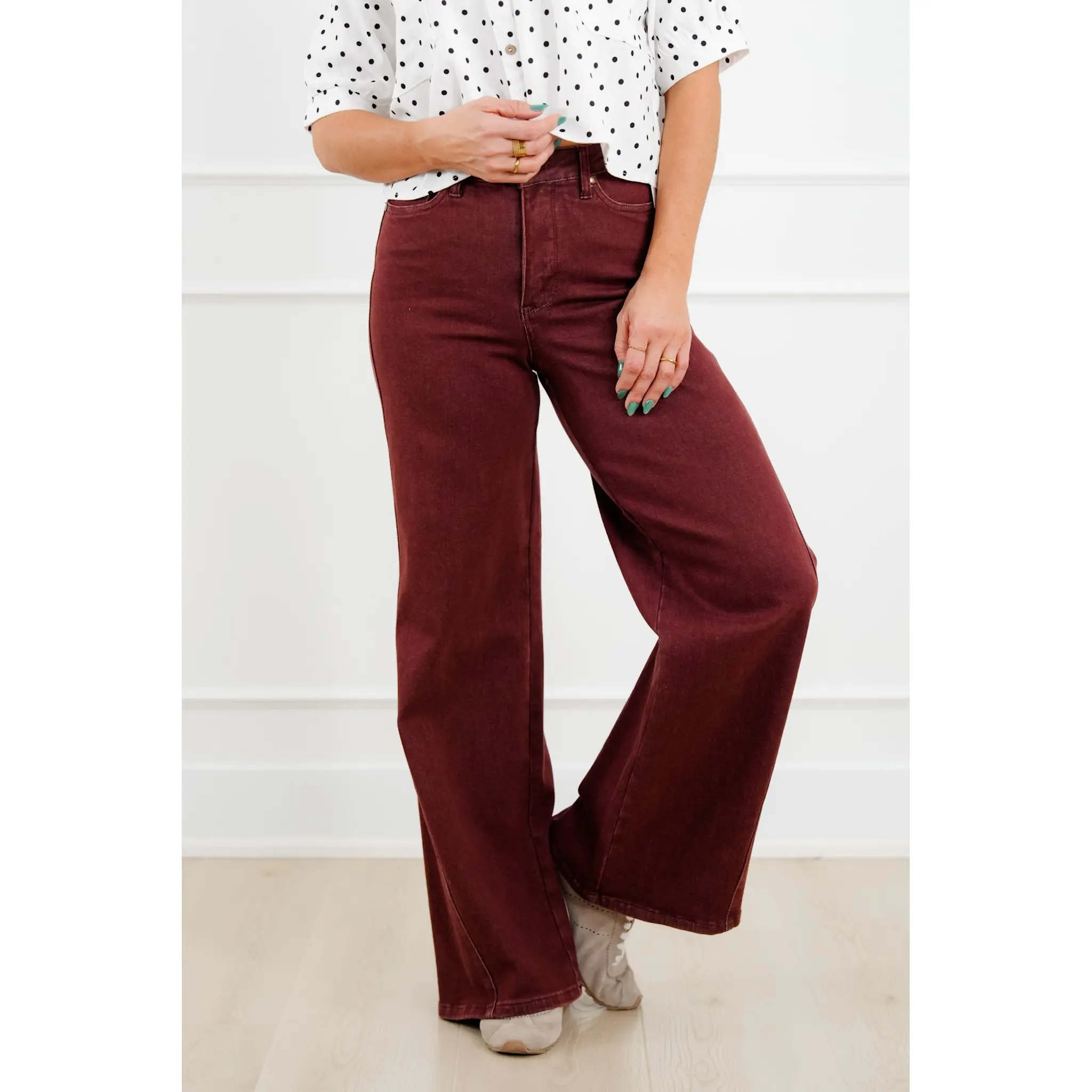 Judy Blue High Rise Burgundy Retro Wide Leg Jeans with Twisted Seams